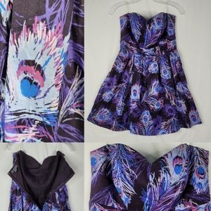 L PEACOCK PURPLE strapless blue pink boho feather festival mini dress LARGE